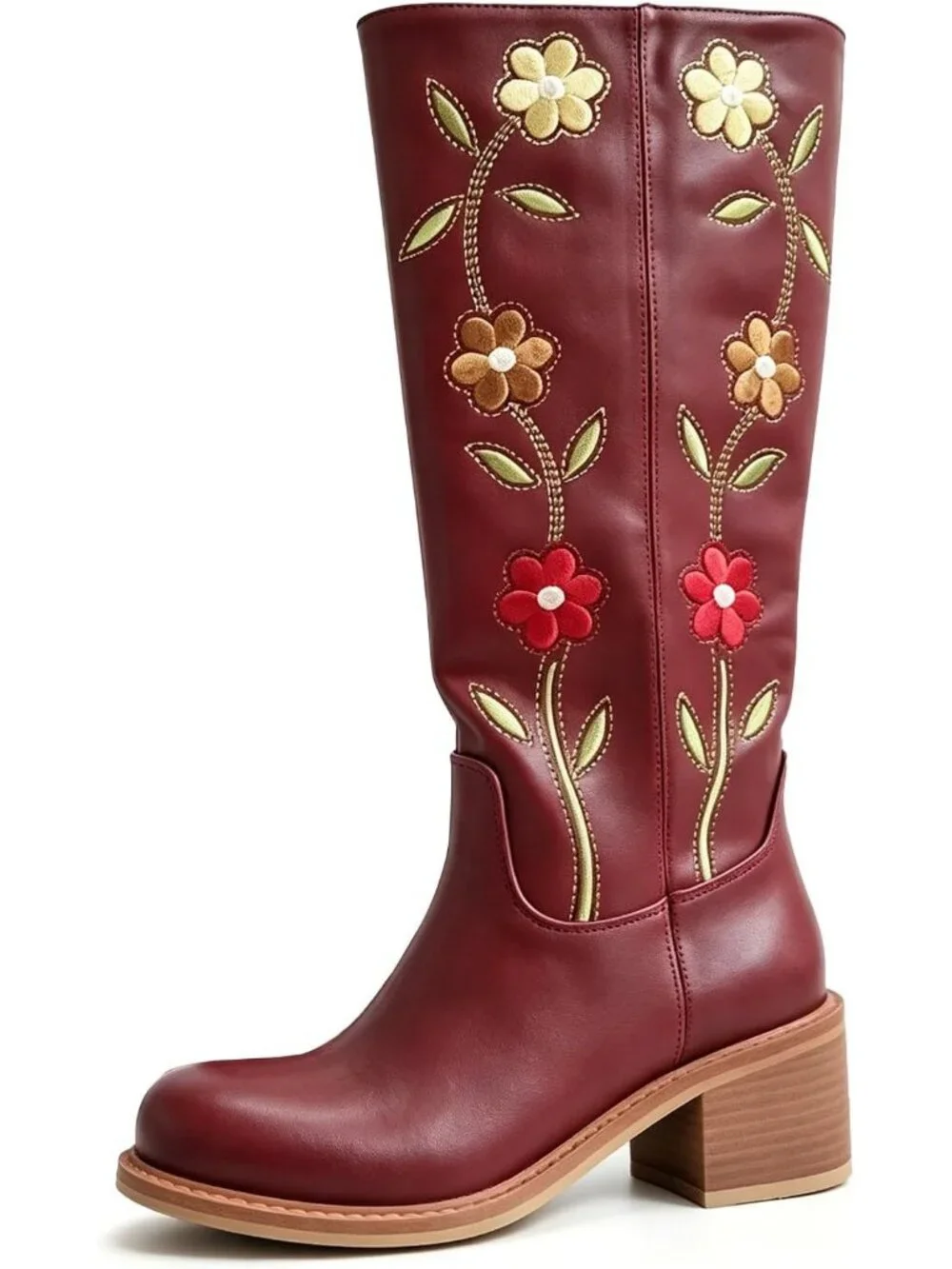 Women's Burgundy Floral Embroidered Western Mid Calf Square Heel Cowgirl Boots